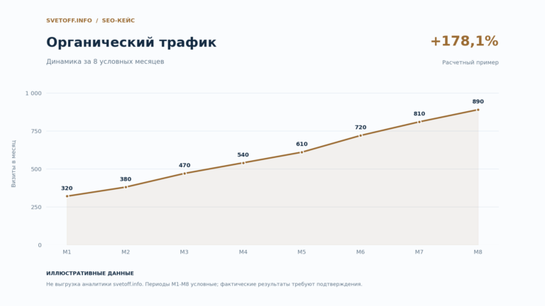 График органических визитов: расчетный пример роста с 320 до 890 за восемь условных месяцев