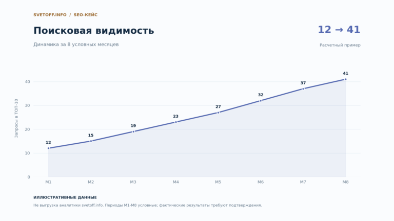 График числа запросов в ТОП-10: расчетный пример изменения с 12 до 41 за восемь условных месяцев